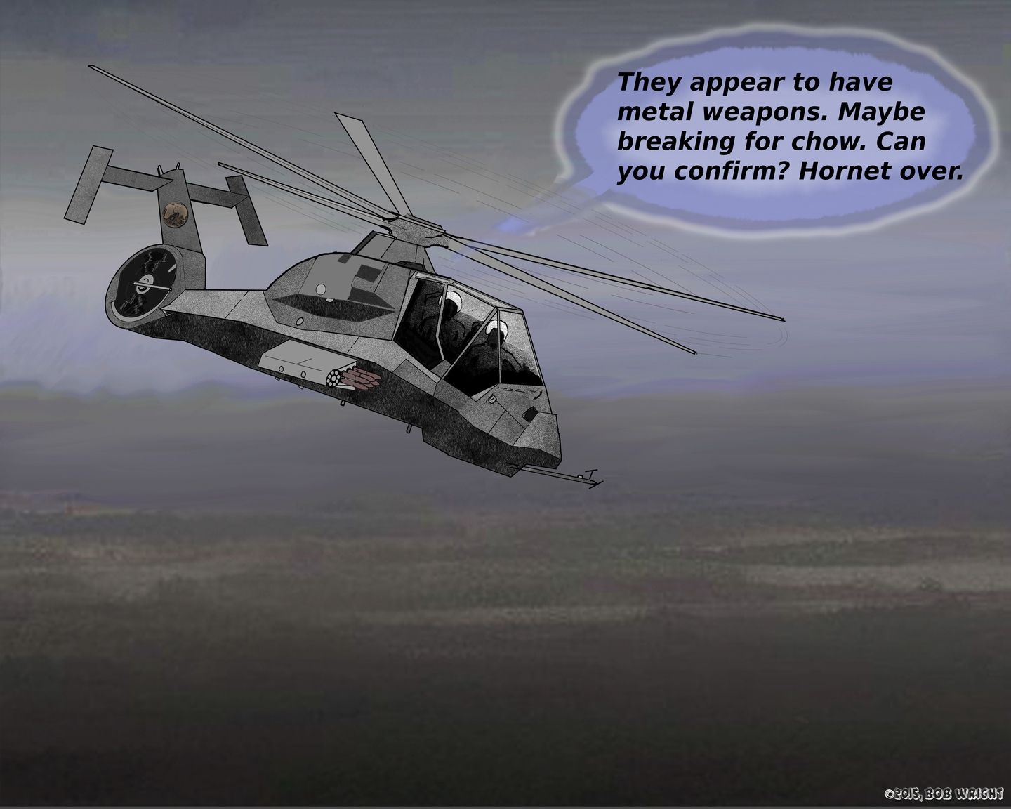 Hornet with radio text, "They appear to have metal weapons. Maybe breaking for chow. Cany you confirm? Hornet over."